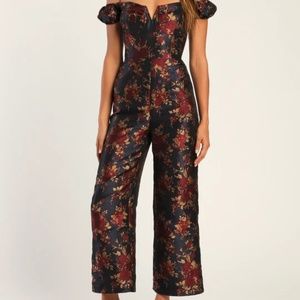 New Glam Midnight Blue Floral Jacquard Off-the-Shoulder Jumpsuit